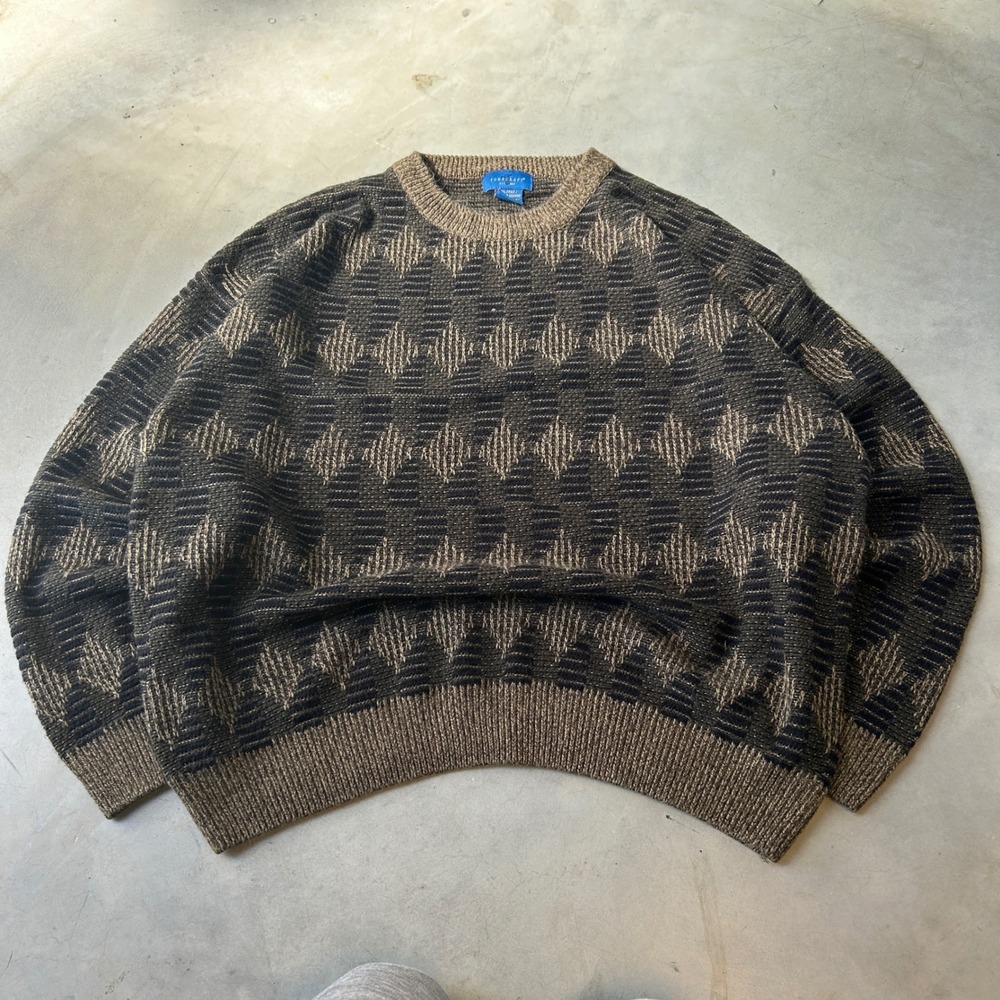 Towncraft Mens XXL Brown Black Geometric Diamond Knit Crewneck Sweater Vintage